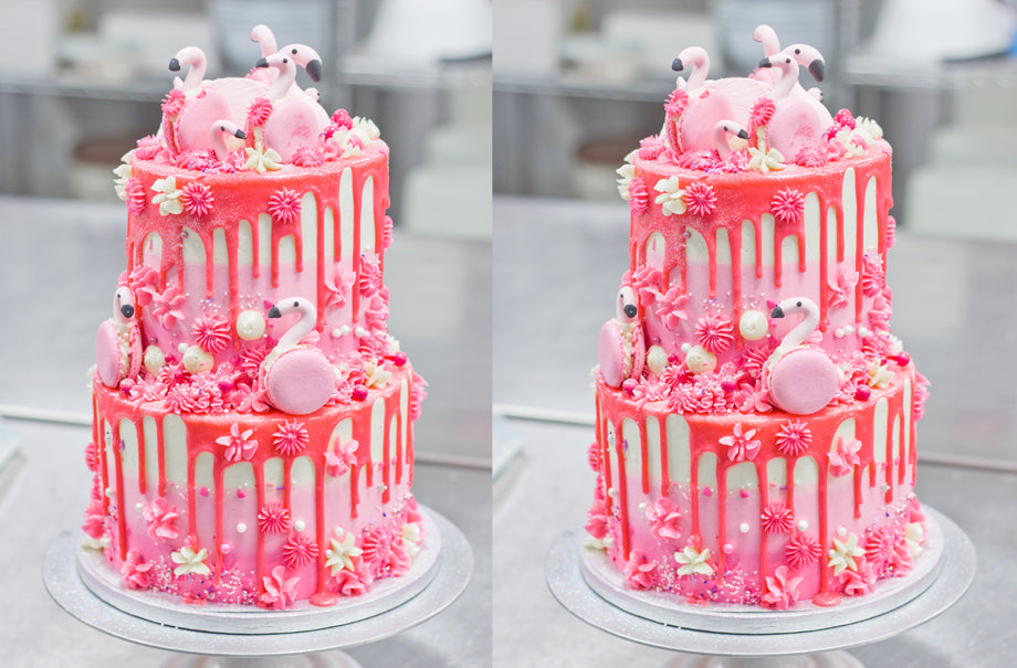 Flavourtown Bakery makes The Ultimate tiered Flamingo birthday cake with Swiss meringue buttercream and Macarons